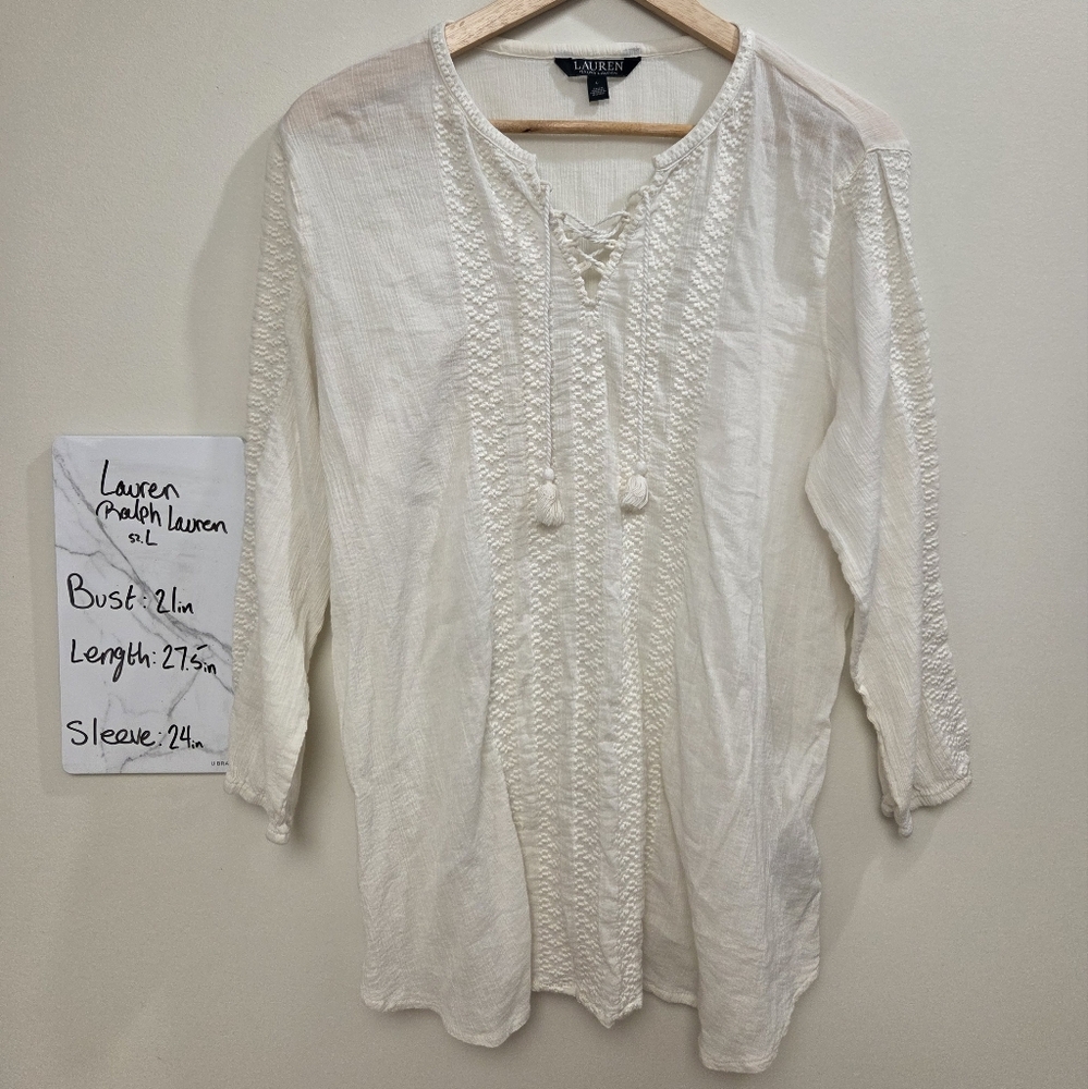 Lauren Ralph Lauren Women's Large White Blouse Costal Chic Minimalist Classic